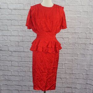 Vintage 80s Floral Silk Dolman Flutter Sleeve Peplum Dress 8